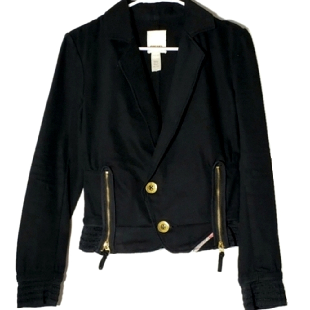 Diesel Y2K Black Denim Asymmetrical Jacket Gold Zippers Cotton Twill Cinch Waist